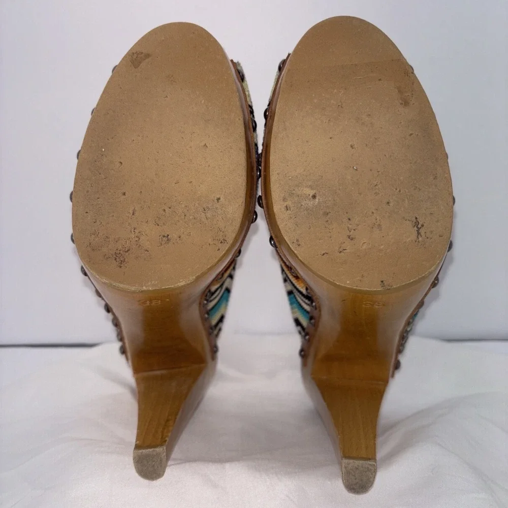Missoni Multicolor Chevron Knit Fabric Wood Platform PEEP TOE Clogs Size 38 Rare
